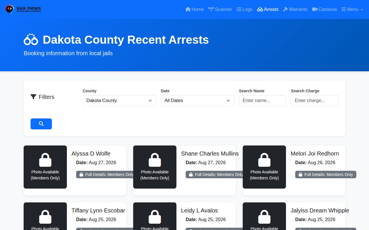Dakota County recent arrest record index interface from Siouxland Scanner