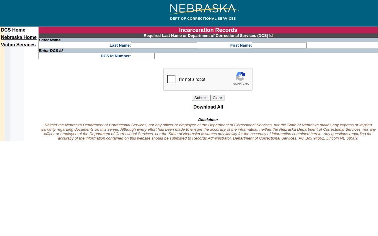 Nebraska Department of Correctional Services search form for Dakota County custody follow-up