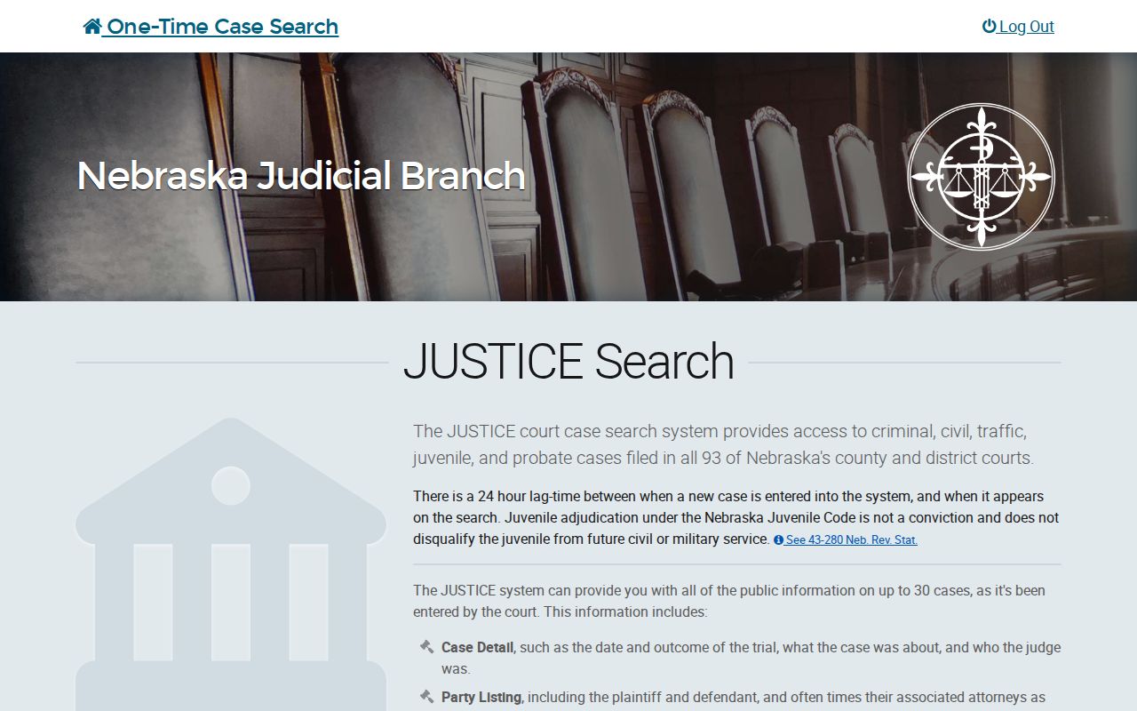 Nebraska JUSTICE trial-case search for Dakota County court dispositions