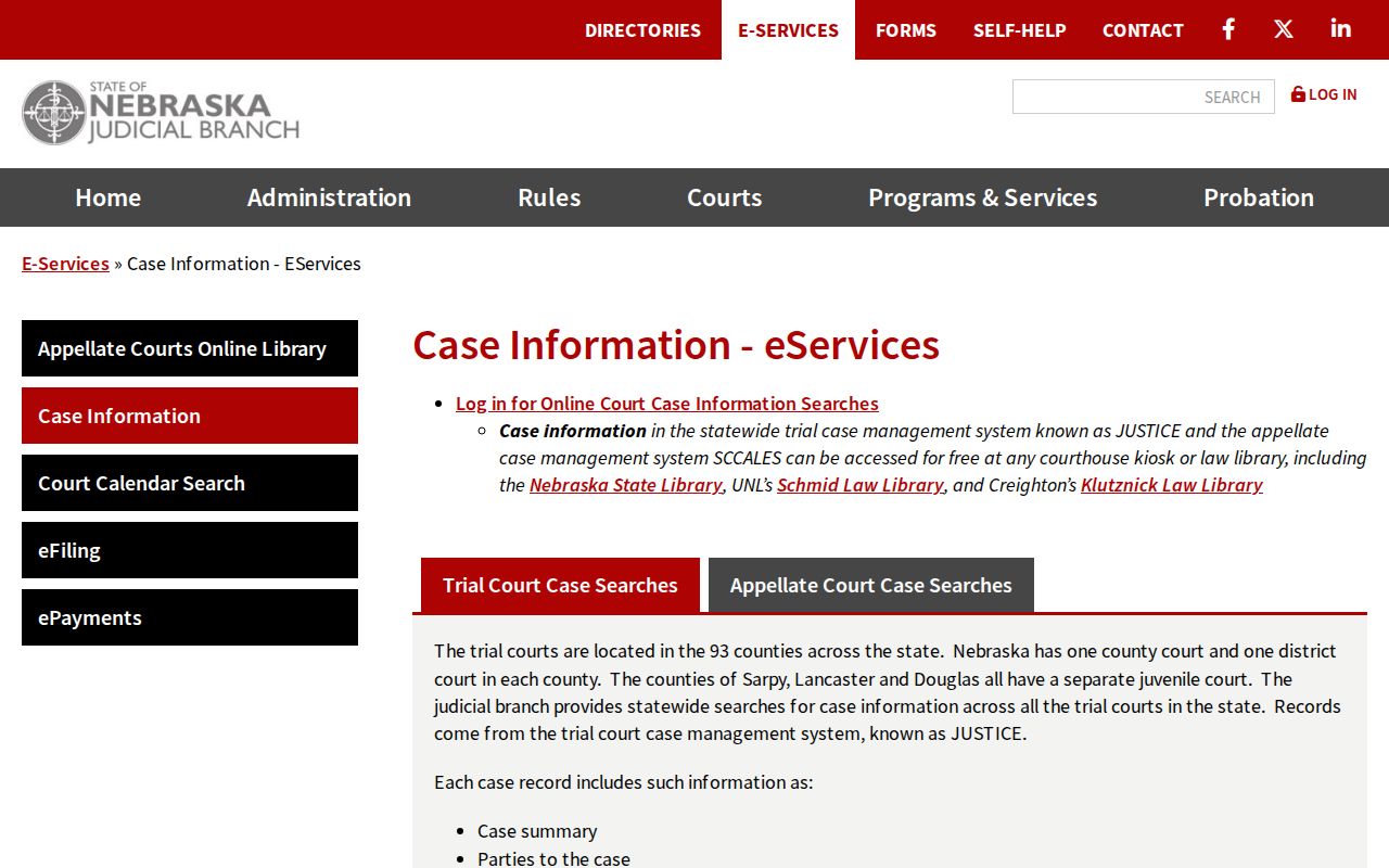 Nebraska Judicial Branch case information page for Dakota County court records