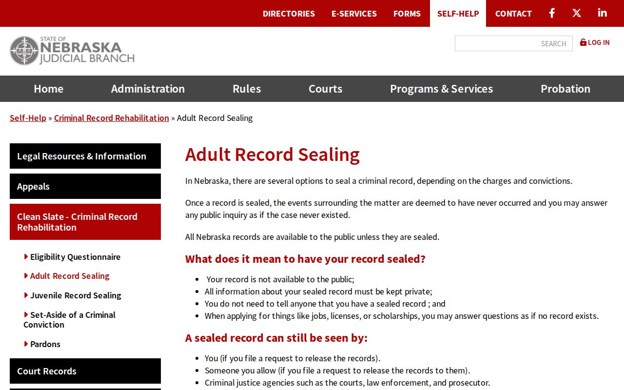 Nebraska adult record sealing guidance for Dakota County court records