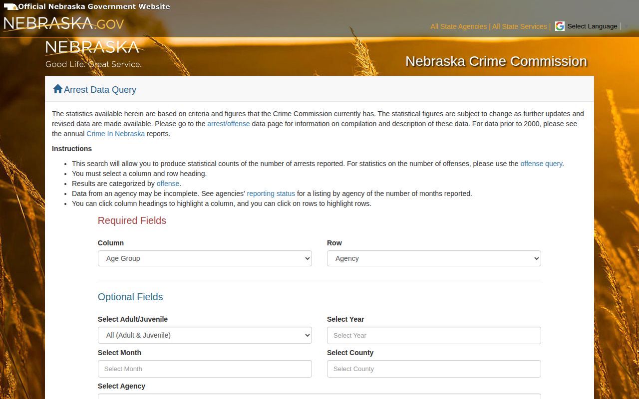 Nebraska Crime Commission arrest data query for Dakota County aggregate statistics